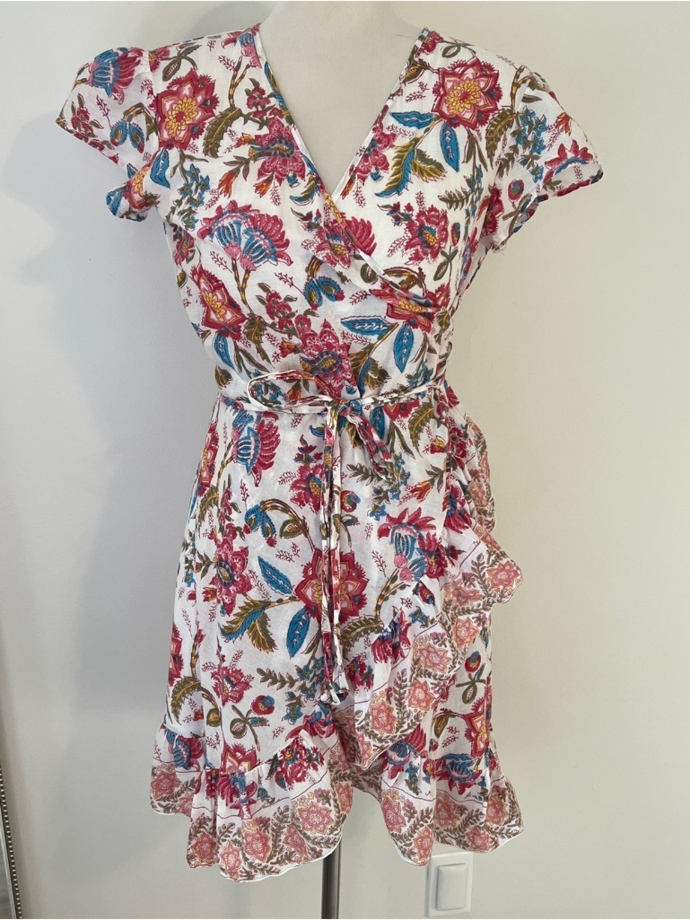 Bell Floral Wrap Dress Ruffle Hem Boho Cottagecore XS Alicia Bell cotton